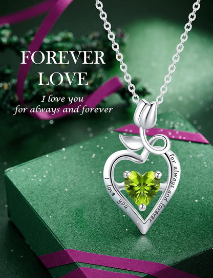 Fine Jewelry Birthstone Natural Peridot Necklace Sterling Silver Rose Flower Heart Gemstone Pendant Anniversary Birthday Gifts for Women Her Girls Wife Mom