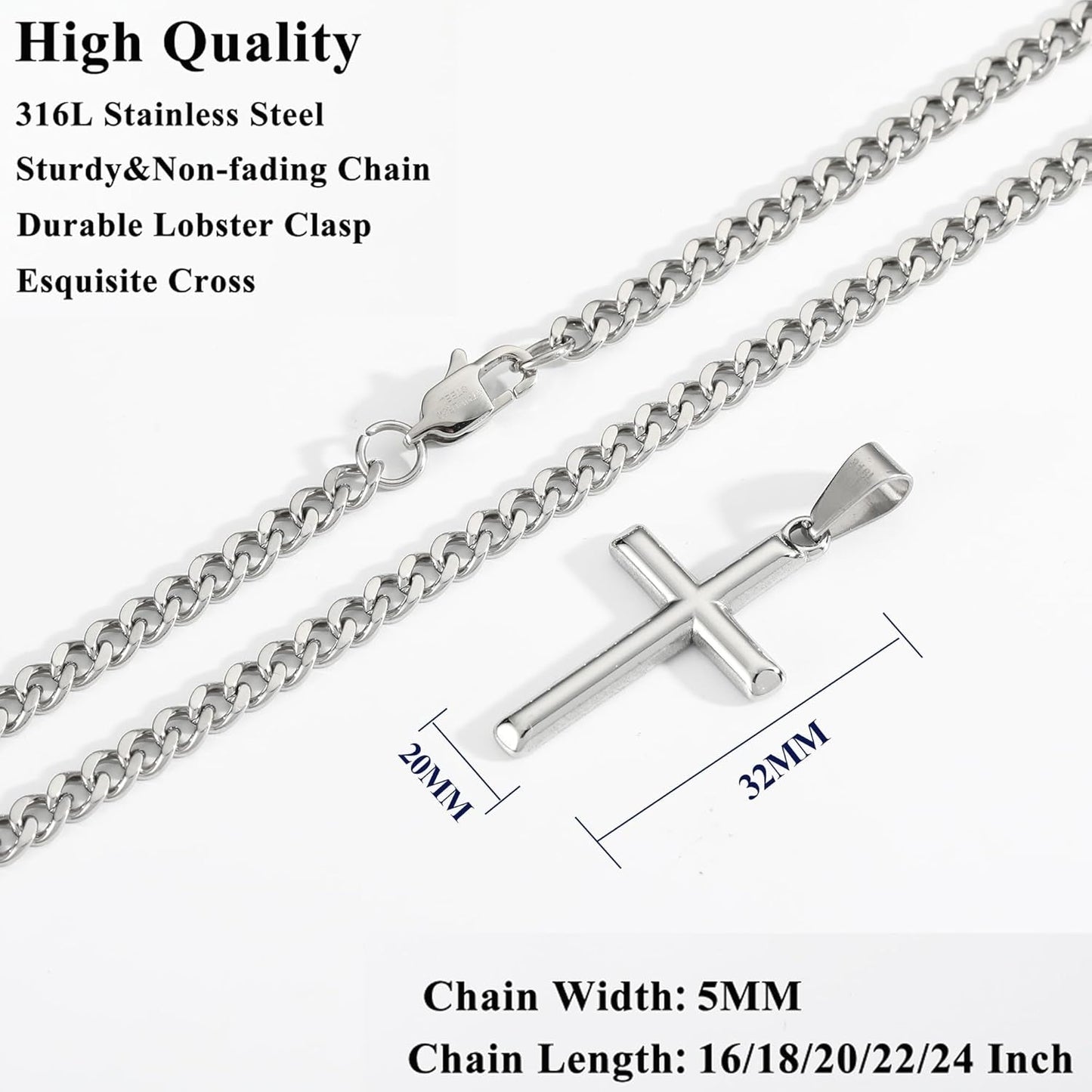316L Stainless Steel Cross Chain Necklace Valentines Stuff Jewelry Gifts for Men Boys, Silver Gold Black Necklaces 5Mm Non-Fading Sturdy Cuban Chain with Cross Pendant 14/16/18/20/22/24Inch