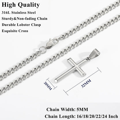 316L Stainless Steel Cross Chain Necklace Valentines Stuff Jewelry Gifts for Men Boys, Silver Gold Black Necklaces 5Mm Non-Fading Sturdy Cuban Chain with Cross Pendant 14/16/18/20/22/24Inch