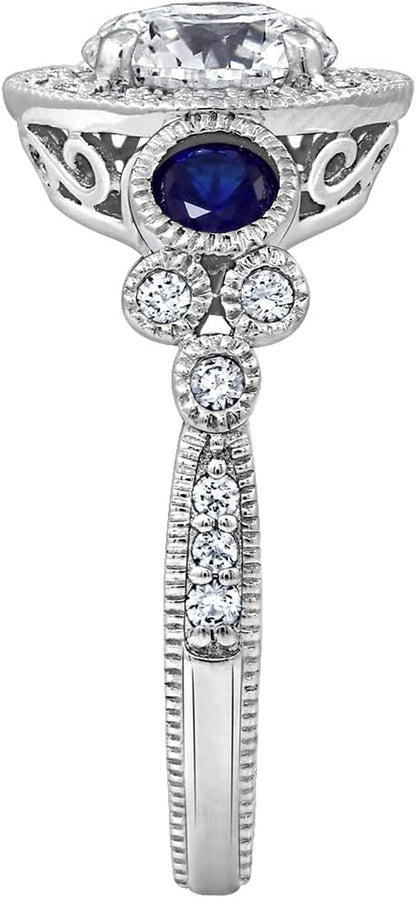 Platinum-Plated Sterling Silver Infinite Elements Cubic Zirconia Antique Round-Cut and Created Sapphire Ring, (Previously Amazon Collection)
