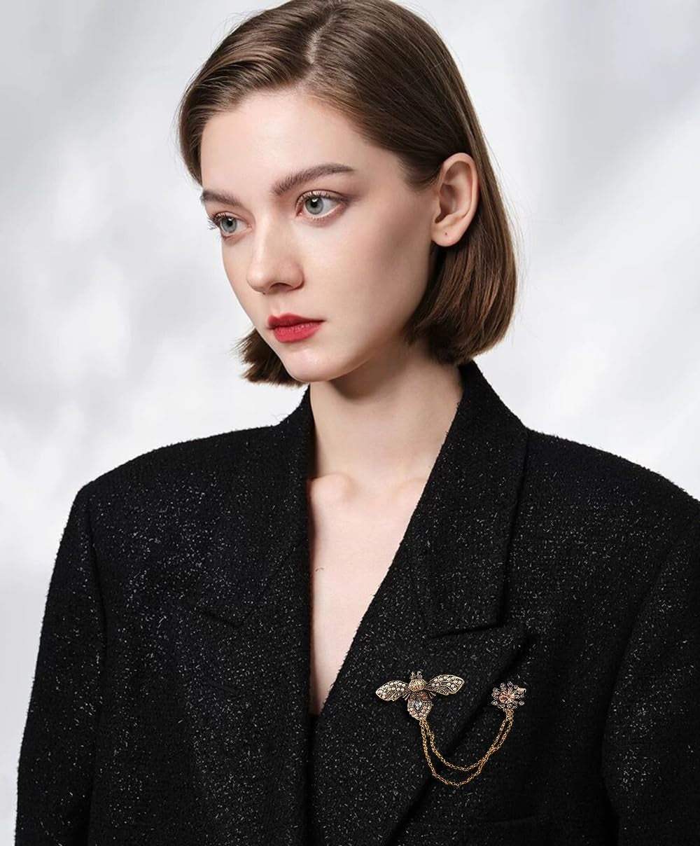 Antique Honey Bee Long Chain Collar Brooch Pin for Women Men Girls Crystal Rhinestone Flower Lapel Brooches Hanging Tassel Tie Pins Vintage Birthday Christmas Jewelry Gifts for Dress Suit Badges - WORLD TIME VISITS