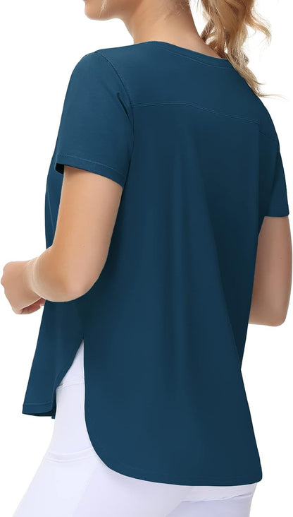 Women'S Workout T-Shirts Loose Fit Short Sleeve Cotton Running Basic Tee Tops with Split Hem