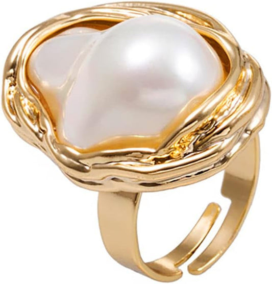Irregular Pearl Ring for Women 18K Gold Baroque Pearl Ring Silver Geometrical Statement Ring Fashion Wedding Jewelry Gifts for Women Girls