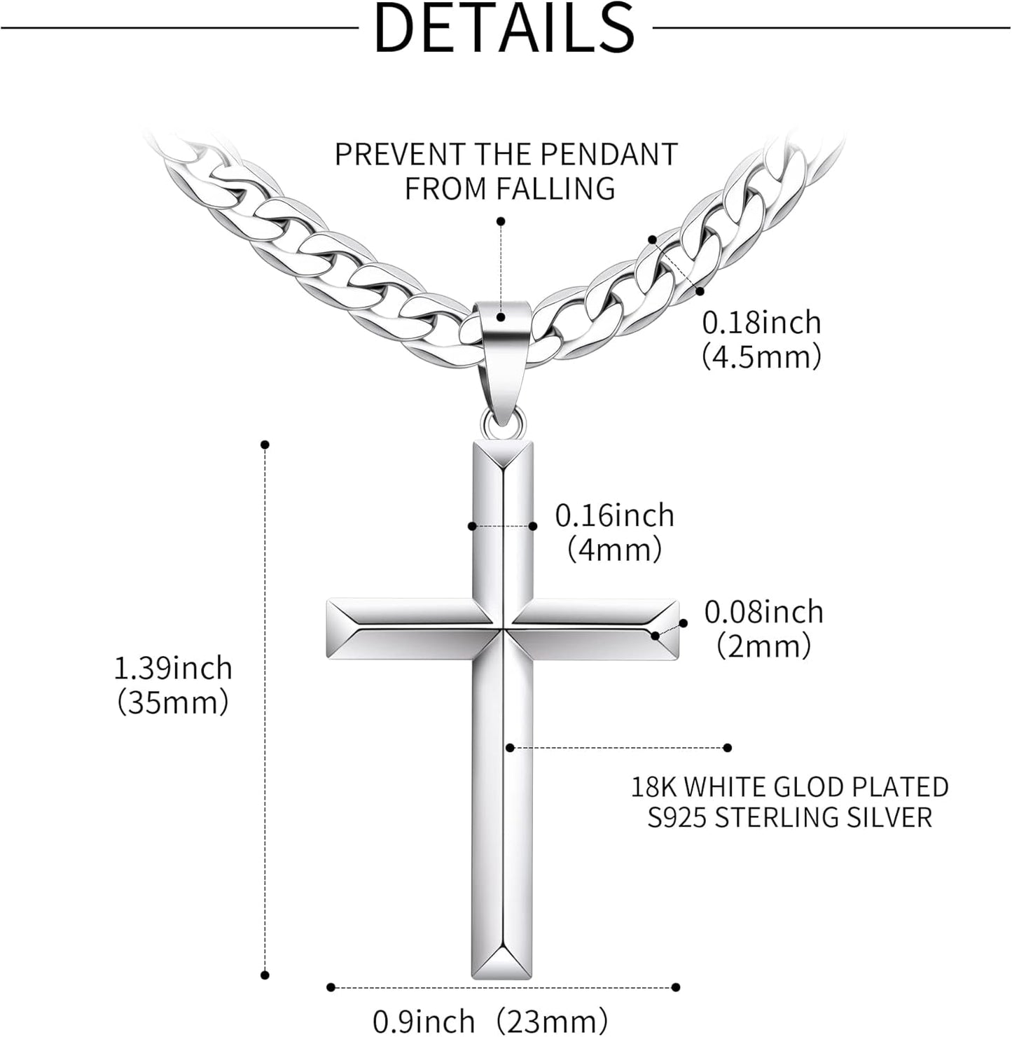 925 Sterling Silver Cross Necklace for Men Women with Stainless Steel Durable Cuban Link Chain Polished Beveled Edge Cross Chain Pendant Necklace Jewelry 16-28 Inches