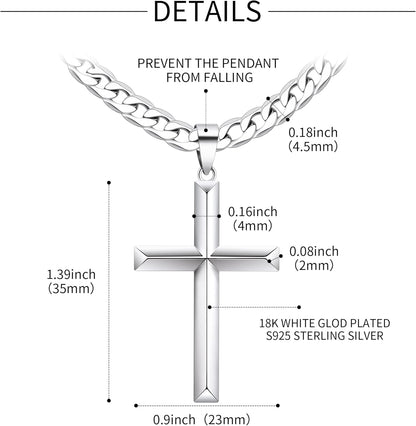 925 Sterling Silver Cross Necklace for Men Women with Stainless Steel Durable Cuban Link Chain Polished Beveled Edge Cross Chain Pendant Necklace Jewelry 16-28 Inches