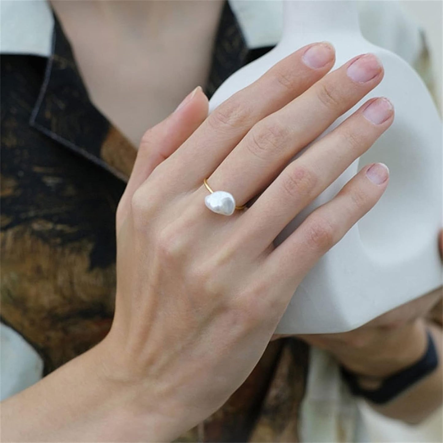 Natural Freshwater Baroque Pearl Ring for Women, Dainty Minimalist Adjustable Rings Band Gold Pearl Charm Ring Jewelry Anniversary Gift for Mom Lover Her (14K Gold Plated)