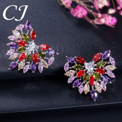 CANDICE New Fashion Women Heart Pendant Jewelry Set Pave Purple Red Green Marquise Cubic Zirconia Party Chain Necklace Big Stud Earrings Sets for Girls Gift