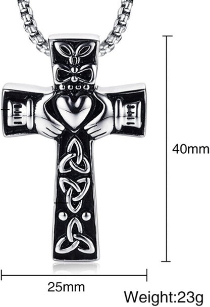 Retro Vintage Stainless Steel Celtic Knot Claddagh Jesus Cross Heart Pendant Necklace