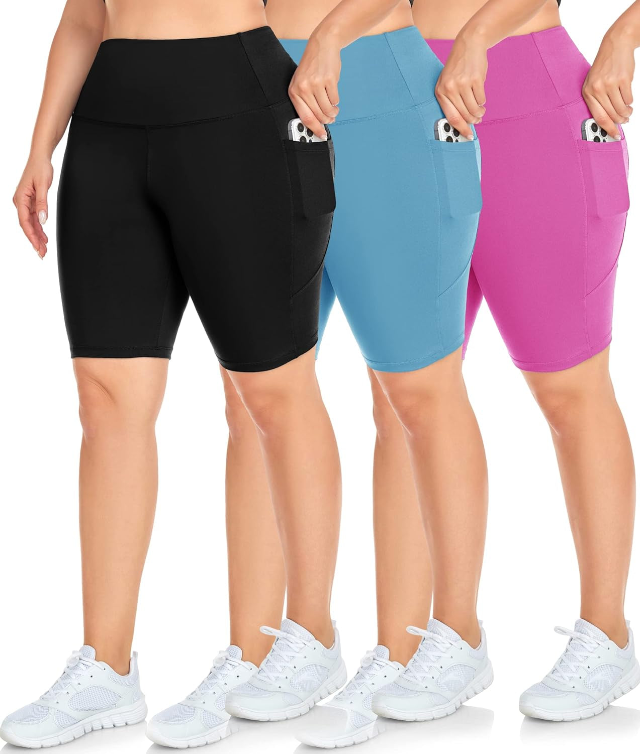3 Pack plus Size Biker Shorts with Pockets for Women-High Waisted 8" Yoga Pants Workout Shorts - WORLD TIME VISITS