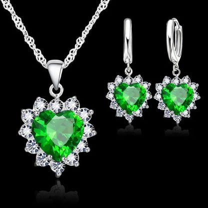 Trendy 925 Sterling Silver Jewelry Set for Women Heart CZ Stone Charm Pendants Necklaces Earrings LOVE Anniversary Gift