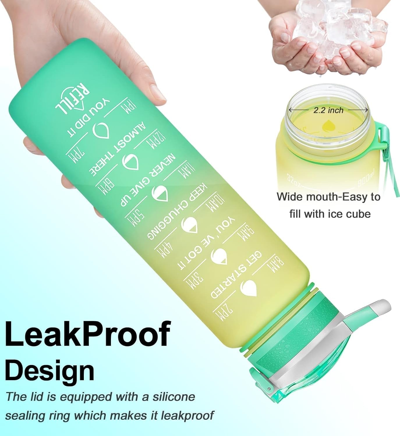 32Oz Leakproof Motivational Sports Water Bottle with Straw & Time Marker, Flip Top Durable BPA Free Non-Toxic Frosted Bottle Perfect for Office, School, Gym and Workout