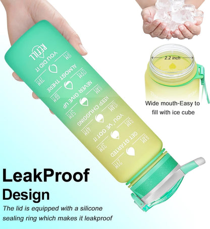 32Oz Leakproof Motivational Sports Water Bottle with Straw & Time Marker, Flip Top Durable BPA Free Non-Toxic Frosted Bottle Perfect for Office, School, Gym and Workout