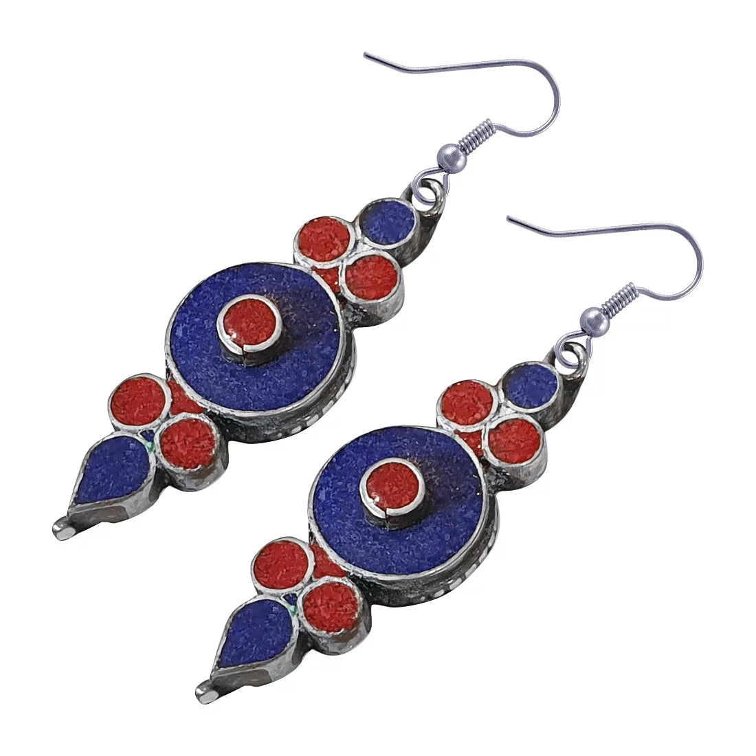 Handmade Drop Earring for Women, Coral Lapis Lazuli Gemstone Earrings, Ethnic Designer Silver Plated Fashion Jewelry for Gifts