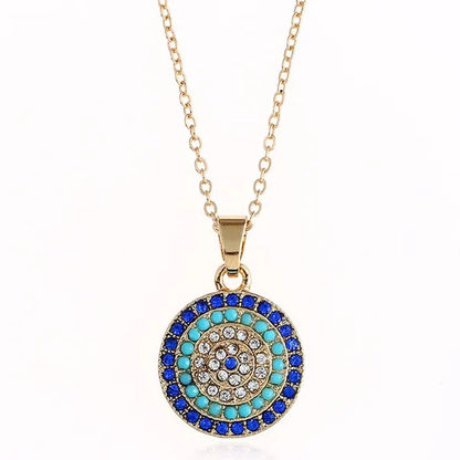 4 Pieces Set Round Turkish Blue Evil Eye Necklace Earring Bracelet Ring Fashion Rhinestone Eye Necklace Bracelet Ring Earrings Set for Women Jewelry