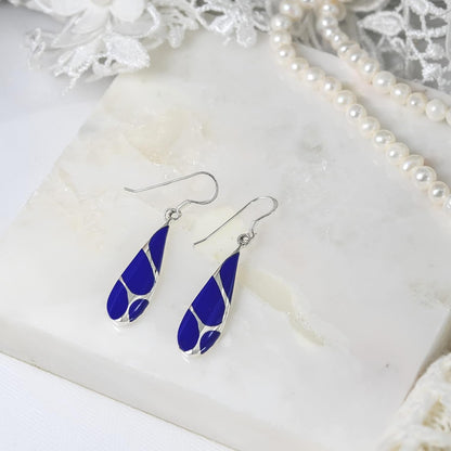Vintage Lapis Streak Teardrop Birthstone Sterling Silver Earrings, 9X45 Mm