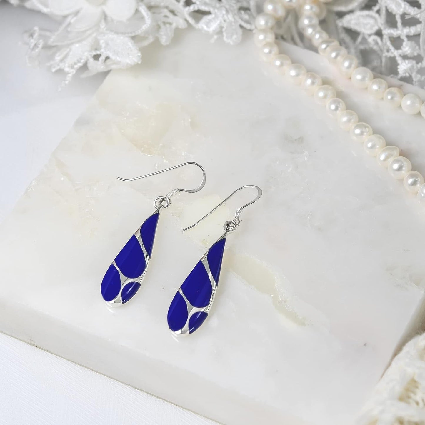 Vintage Lapis Streak Teardrop Birthstone Sterling Silver Earrings, 0.35X1.77 Inch