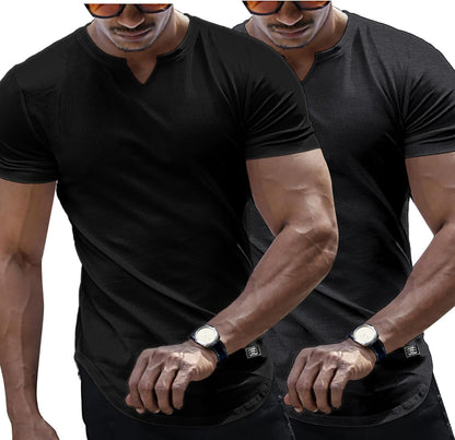 Mens Muscle T Shirts V Neck Short Sleeve Henley Shirt Hipster Longline Gym Workout Athletic Tee Shirts