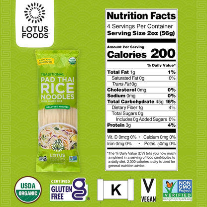Traditional Pad Thai Rice Noodles - Pad Thai Noodles, Asian Noodles, Gluten Free Noodles, Rice Noodles, Whole Grain, Non GMO, USDA Organic - 8 Oz (Pack of 3)