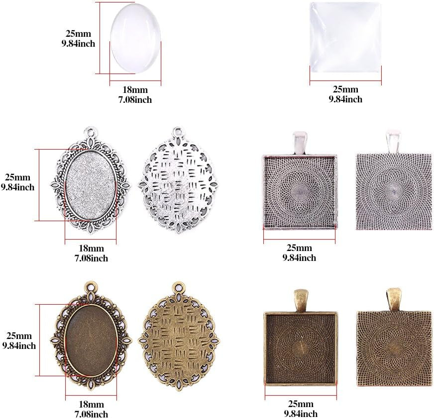 48-Pieces Oval and Square Pendant Trays with Glass Cabochon Dome Tiles Clear Cameo for Crafting DIY Jewelry Making, 24 Sets - WORLD TIME VISITS