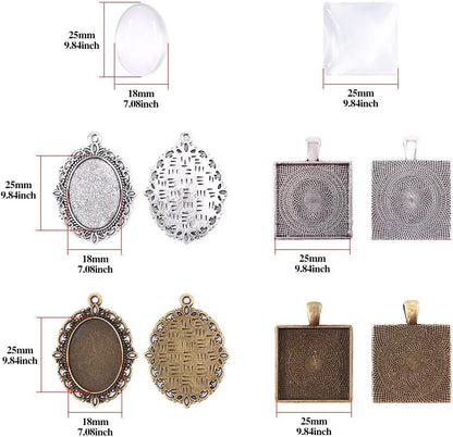 48-Pieces Oval and Square Pendant Trays with Glass Cabochon Dome Tiles Clear Cameo for Crafting DIY Jewelry Making, 24 Sets - WORLD TIME VISITS