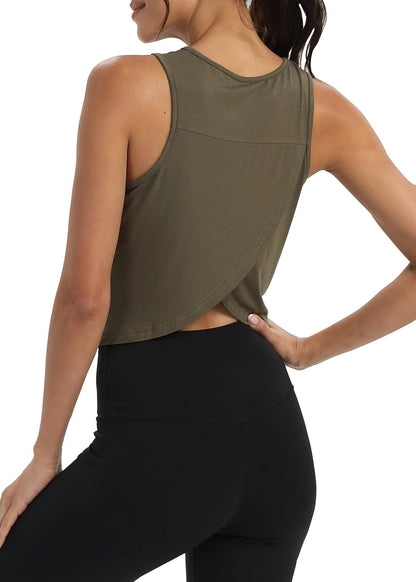 Workout Tops for Women Cropped Open Back Sleeveless Tank Tops Athletic Gym Yoga Shirts Loose Fit
