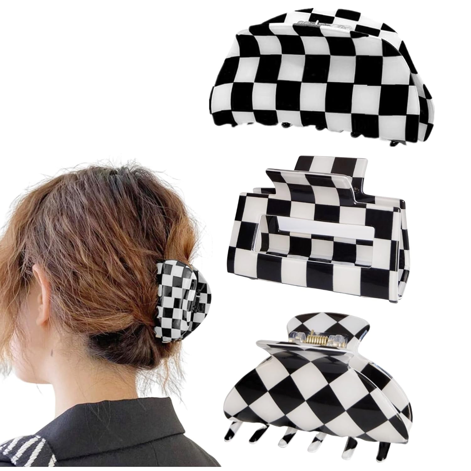 Womens Checkered Hair Clip Medium Checkered Claw Clips Black and White Jaw Clip,3Pack - WORLD TIME VISITS
