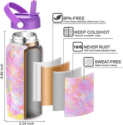 Personalized Insulated Water Bottle with Paracord Handle Straw Lid & Spout Lid, Vacuum Stainless Steel Wide Mouth Water Bottle for Adults 24 Oz, 32 Oz, 40 Oz