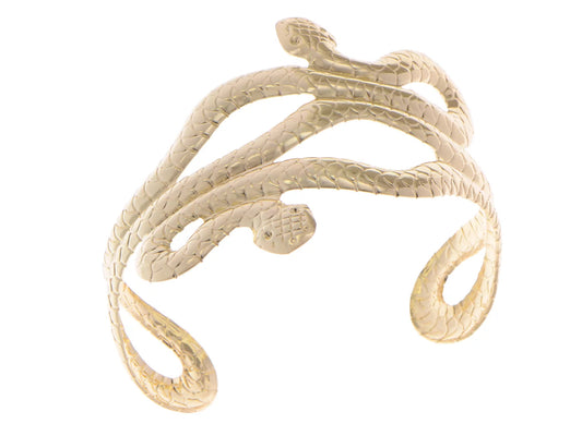 Metal Tone Asian Carved Double Twin Dancing Snakes Serpents Bangle Bracelet, Gold
