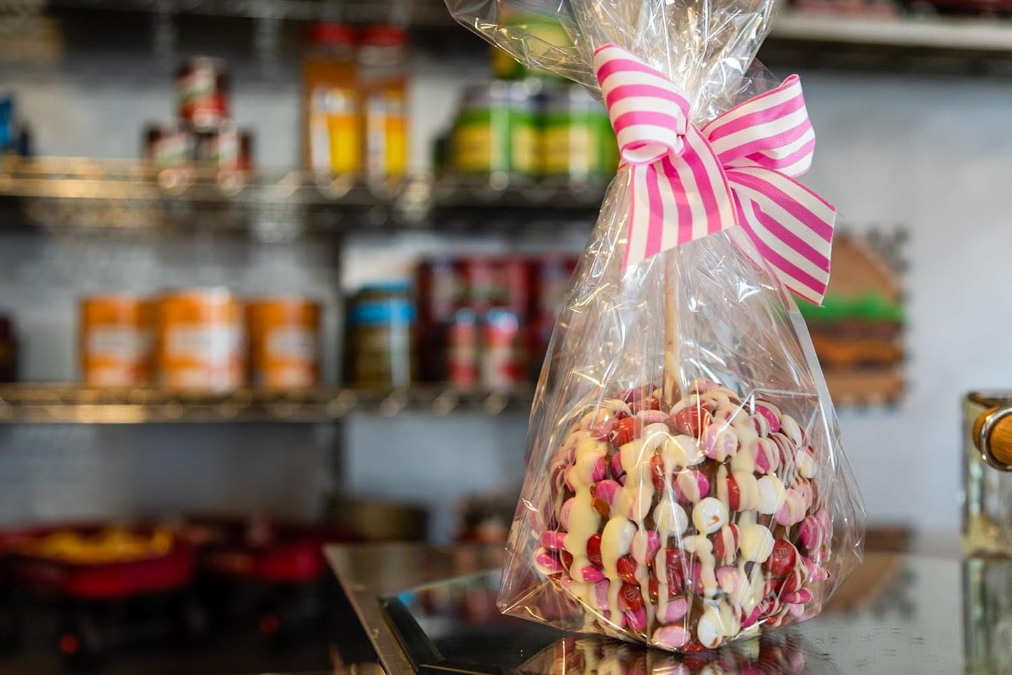Gourmet Jumbo Caramel Apple | Caramel, Pink, Red & White Candy Buttons & White Chocolate | Handmade & Freshly Prepared (Candy Buttons White Chocolate)