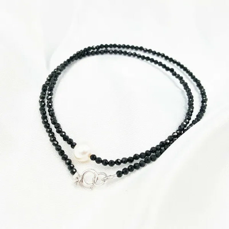 Real Black Spinel 2Mm&Freshwater Pearl Choker Necklace 925 Sterling Silver 17.5Inch