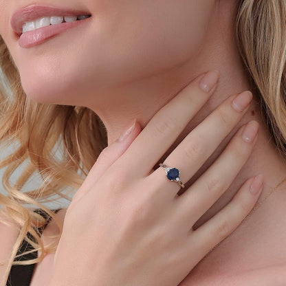 925 Sterling Silver Blue Sapphire and White Diamond Ring | 3-Stone Ring for Women | 1.87 Cttw | Gemstone September Birthstone | Oval 8X6MM | Available in Size 5, 6, 7, 8, 9