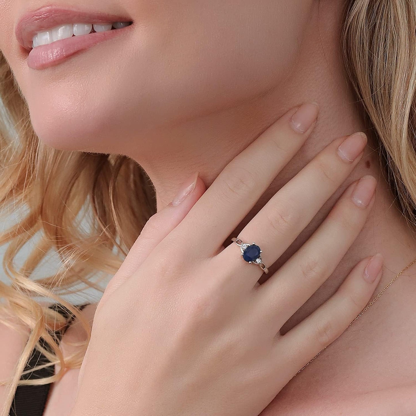 925 Sterling Silver Blue Sapphire and White Diamond Ring | 3-Stone Ring for Women | 1.87 Cttw | Gemstone September Birthstone | Oval 8X6MM | Available in Size 5, 6, 7, 8, 9