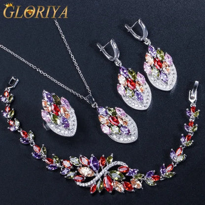 Gloriya Latest Fashion Women Christmas Party Silver Plated Jewelry Set Multicolor CZ Crystal Ring Earrings Bracelet Necklace 4 Pcs Jewelry Sets