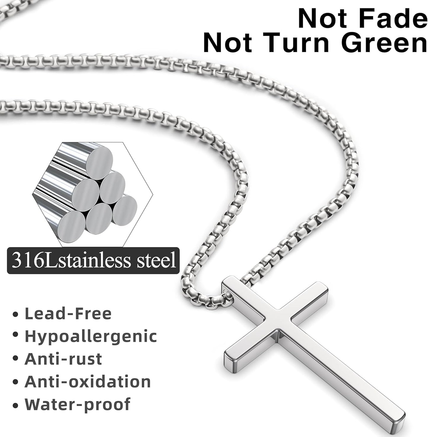 2 Pcs Cross Necklace for Men Boys,Stainless Steel Pendant Silver Black Gold Crosses Chain Jewelry Gifts Box 16-30 Inches