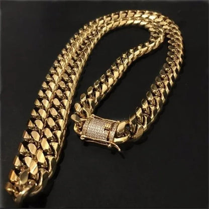 New Fashion Jewelry 18K Gold / 925 Silver Plated Men Cuban Miami Link Necklace Stainless Steel Diamond Clasp Hip Hop Iced Out Gold Chain Necklace