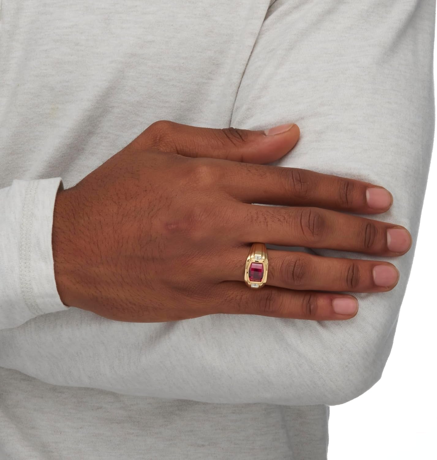 Men'S 18K Yellow Gold Plated Emerald Cut Created Red Ruby and Diamond Accent Ring