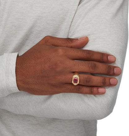 Men'S 18K Yellow Gold Plated Emerald Cut Created Red Ruby and Diamond Accent Ring