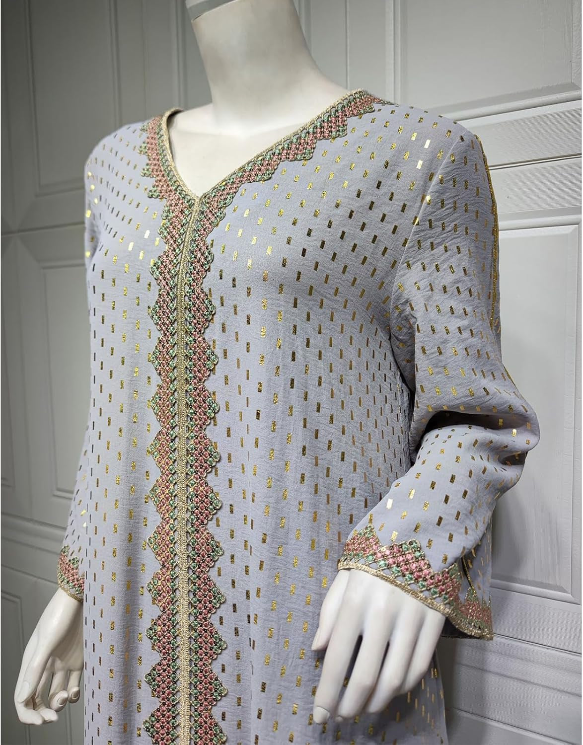 Women'S Muslim Abaya Dress V Neck Bronzing Long Sleeves Elegant Prayer Wear Daily Casual Dress