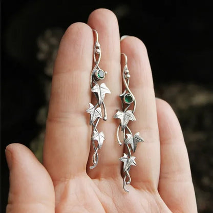Retro 925 Sterling Silver Natural Gemstone Leaf Ivy and Elf Earrings for Women Charm Emerald & Sapphire & Ruby & Amethyst Dangle Earring Fashion Wedding Engagement Hoop Earring