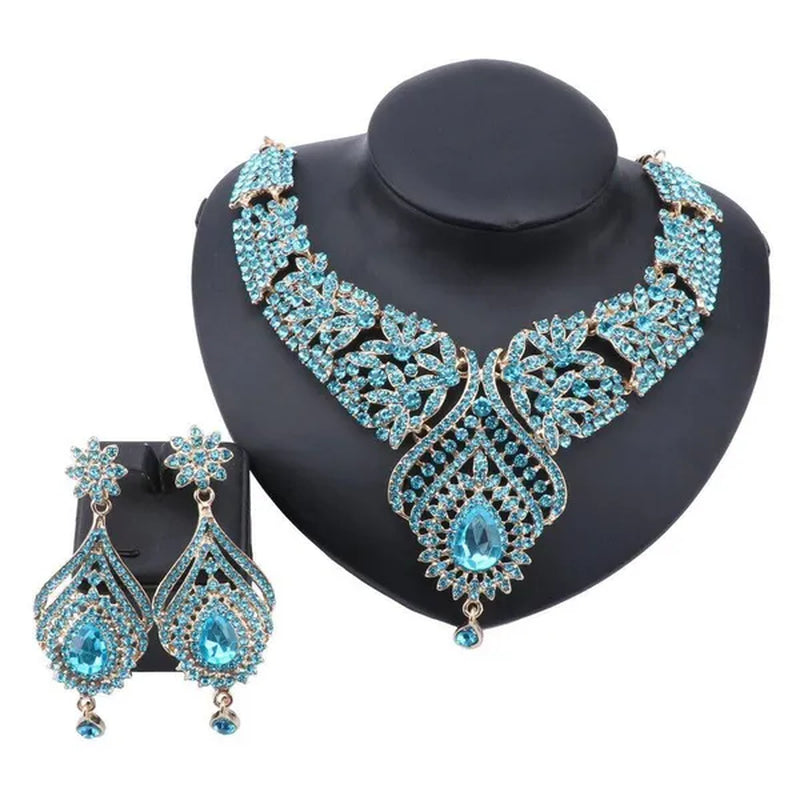 Luxury Women'S Elegant Austrian Crystal Statement Necklace Earrings Bridal Party Jewelry Set for Wedding Dress
