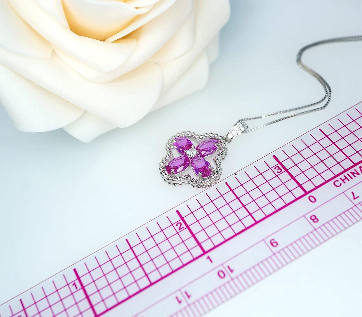 Pink Sapphire Jewelry Fuchsia Four Leaf Clover Pendant Green Peridot Necklace 18Kgp @ 925 Sterling Silver Adjustable Chain Ruby Aquamarine Amethyst Emerald Blue Sapphire Sunstone (Pink Sapphire)