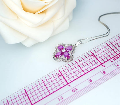Pink Sapphire Jewelry Fuchsia Four Leaf Clover Pendant Green Peridot Necklace 18Kgp @ 925 Sterling Silver Adjustable Chain Ruby Aquamarine Amethyst Emerald Blue Sapphire Sunstone (Pink Sapphire)