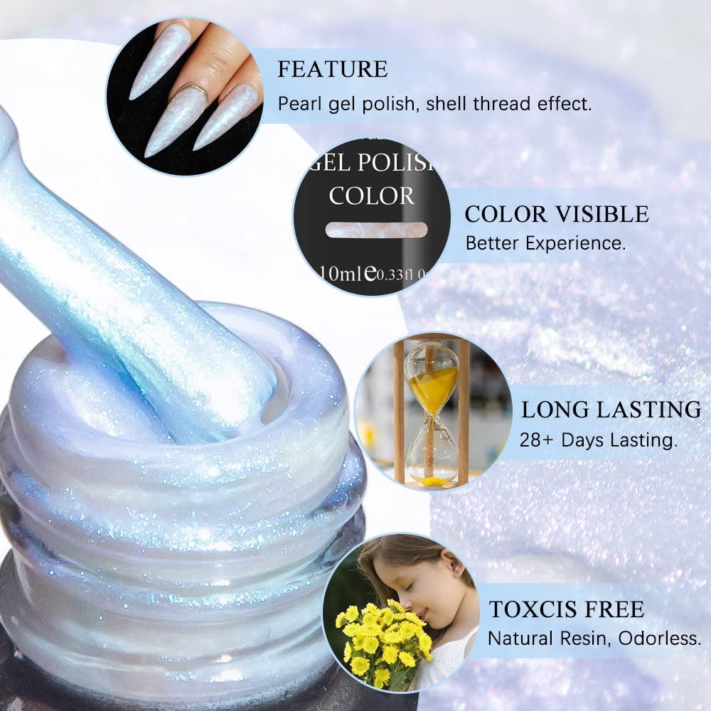 Pearl Gel Nail Polish, Glitter Drawing Mermaid Gel Polish Shell Thread Shimmer Iridescent Nail Gel Soak off Gel Polish for Salon at Home DIY Manicure