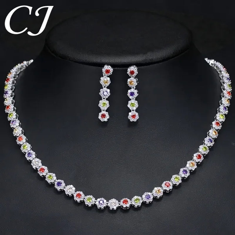 CANDICE Classic Round Cut Blue Choker Necklace Earrings Top Grade AAA+ CZ Stone Women Evening Jewelry Sets For Party