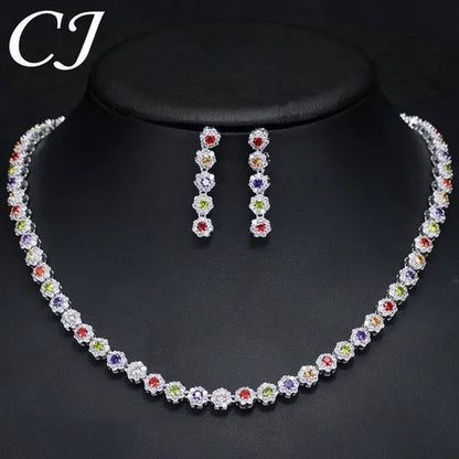 CANDICE Classic Round Cut Blue Choker Necklace Earrings Top Grade AAA+ CZ Stone Women Evening Jewelry Sets For Party