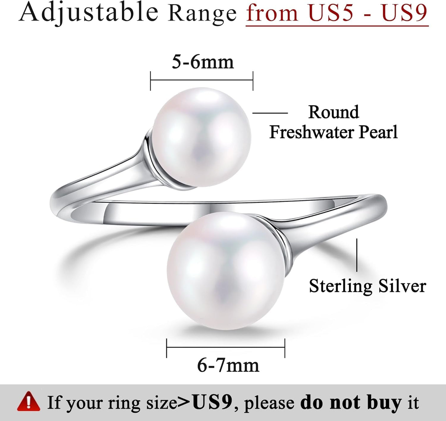 2 Pearl Ring Sterling Silver Double Pearls Rings for Women 925 Adjustable Open June Birthstone Rings for Teen Girls with Real round Genuine Freshwater Cultured Stackable