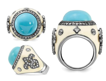 Sterling Silver Synthetic Turquoise Cocktail Fleur-De-Lys Ring with Synthetic Cubic Zirconia (CZ) (CZ) in Sterling Silv