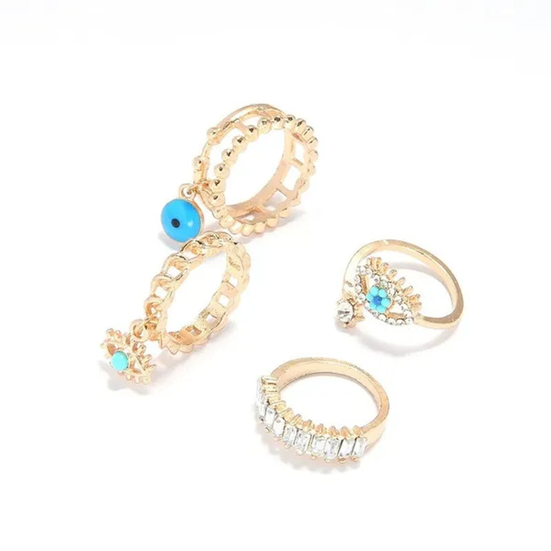 4 Pcs/Sets New Fashion Diamond Set Hollow Ring Vintage Evil Eye Finger Ring for Girl Women Jewelry Accessories