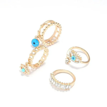 4 Pcs/Sets New Fashion Diamond Set Hollow Ring Vintage Evil Eye Finger Ring for Girl Women Jewelry Accessories