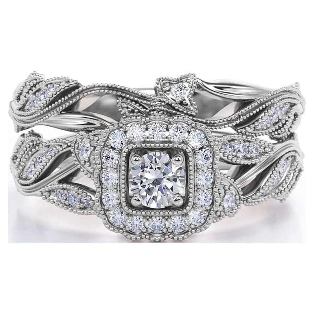 Antique - round Diamond - Edwardian Diamond Filigree Ring - Art Deco Style - Wedding Ring Set in 10K White Gold